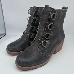 Sorel Cate Lace Up Dark Gray Block Heel Leather Bootie Womens Size 7.5